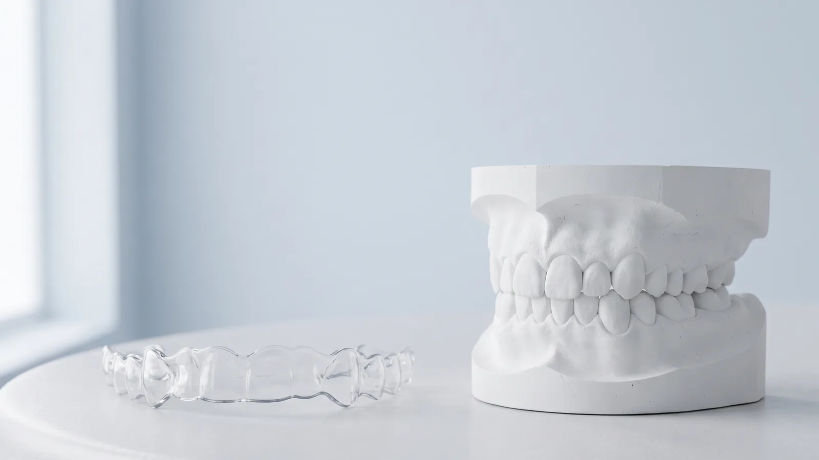 Clear dental night guard resting beside a white model of upper and lower teeth