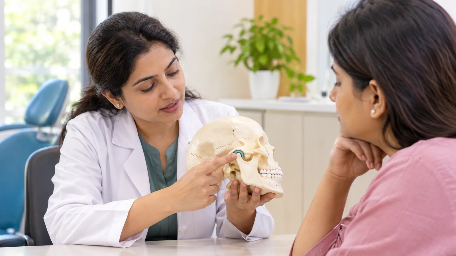 Dentist pointing to the jaw joint on a skull model while explaining treatment options to a patient