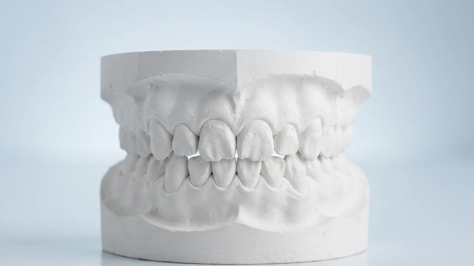 White plaster model of upper and lower front teeth with flattened, worn biting edges and small chips