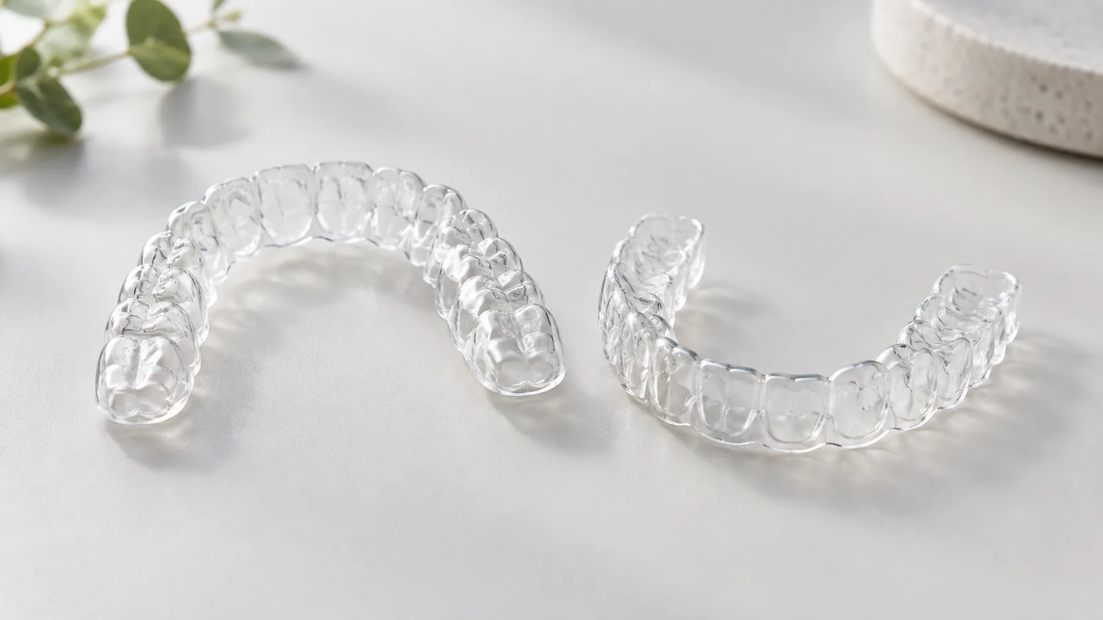 Illustrative photograph of upper and lower clear orthodontic aligner trays